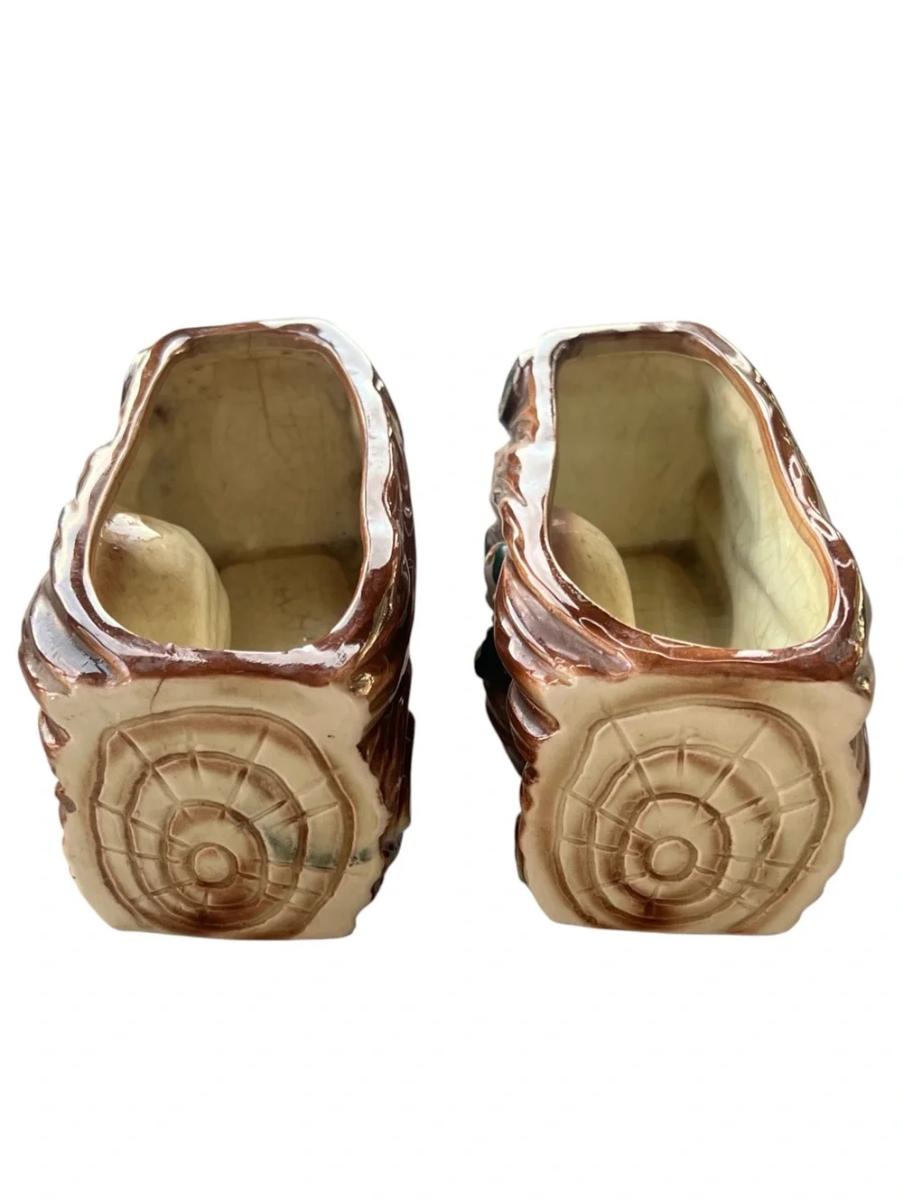 Vintage MCM Ceramic Elf Pixie Log Planters Pair Faux Bois Woodland Kitsch